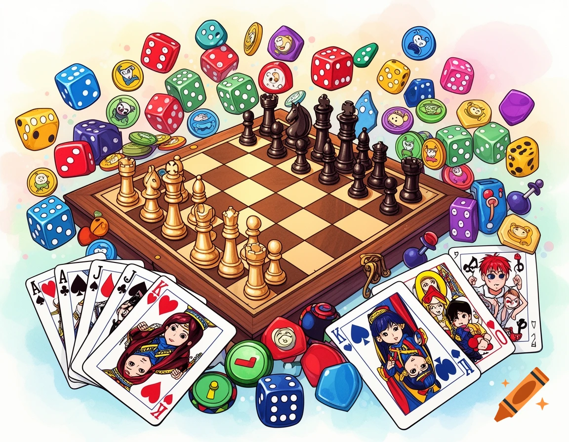 Vibrant cartoon illustration of a chess board with pieces, surrounded by scattered playing cards, dice, and colorful game tokens.