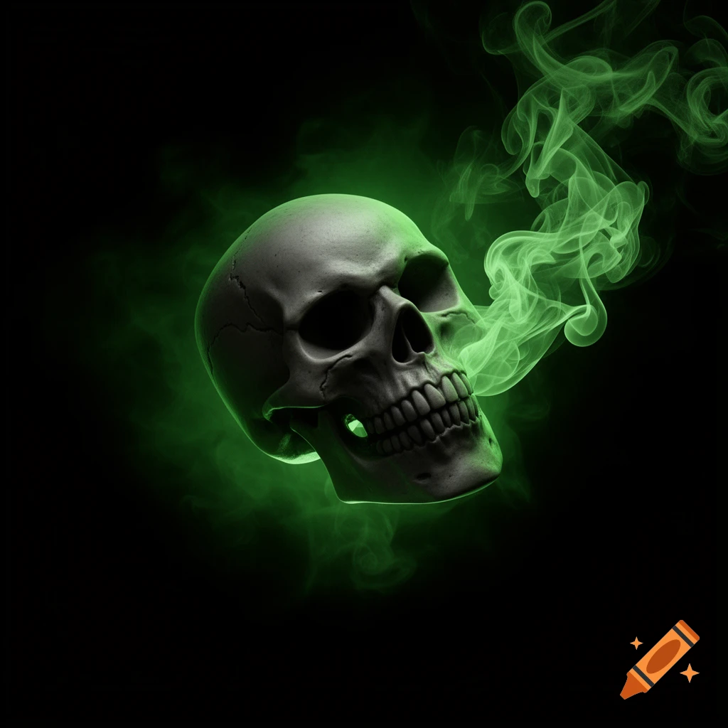 A 3D rendered gray skull with vivid green smoke emanating from its mouth and eye sockets, set against a black background.