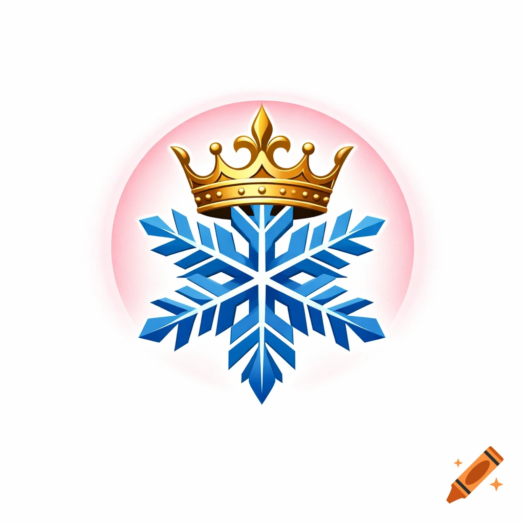 Stylized blue snowflake with a golden queen's crown and a pink halo on a white background, forming a logo.