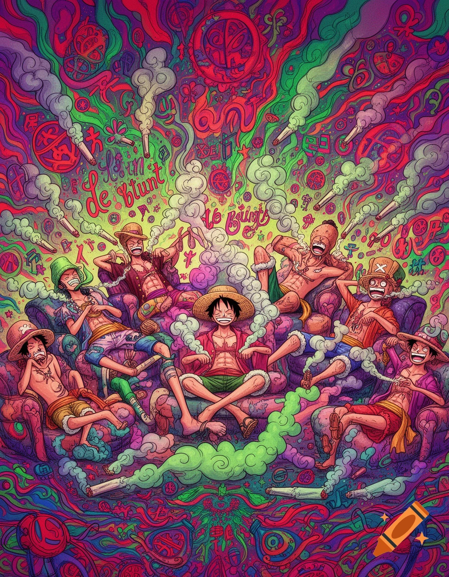 Luffy and his crew from One Piece are depicted in a vibrant, psychedelic, manga-style scene, surrounded by green and white smoke and floating joints.