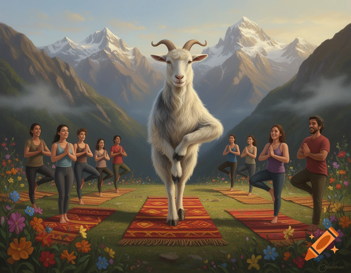 A large, white goat leads a yoga class of diverse people on mats in a vibrant, painterly mountain meadow with wildflowers and snow-capped peaks.
