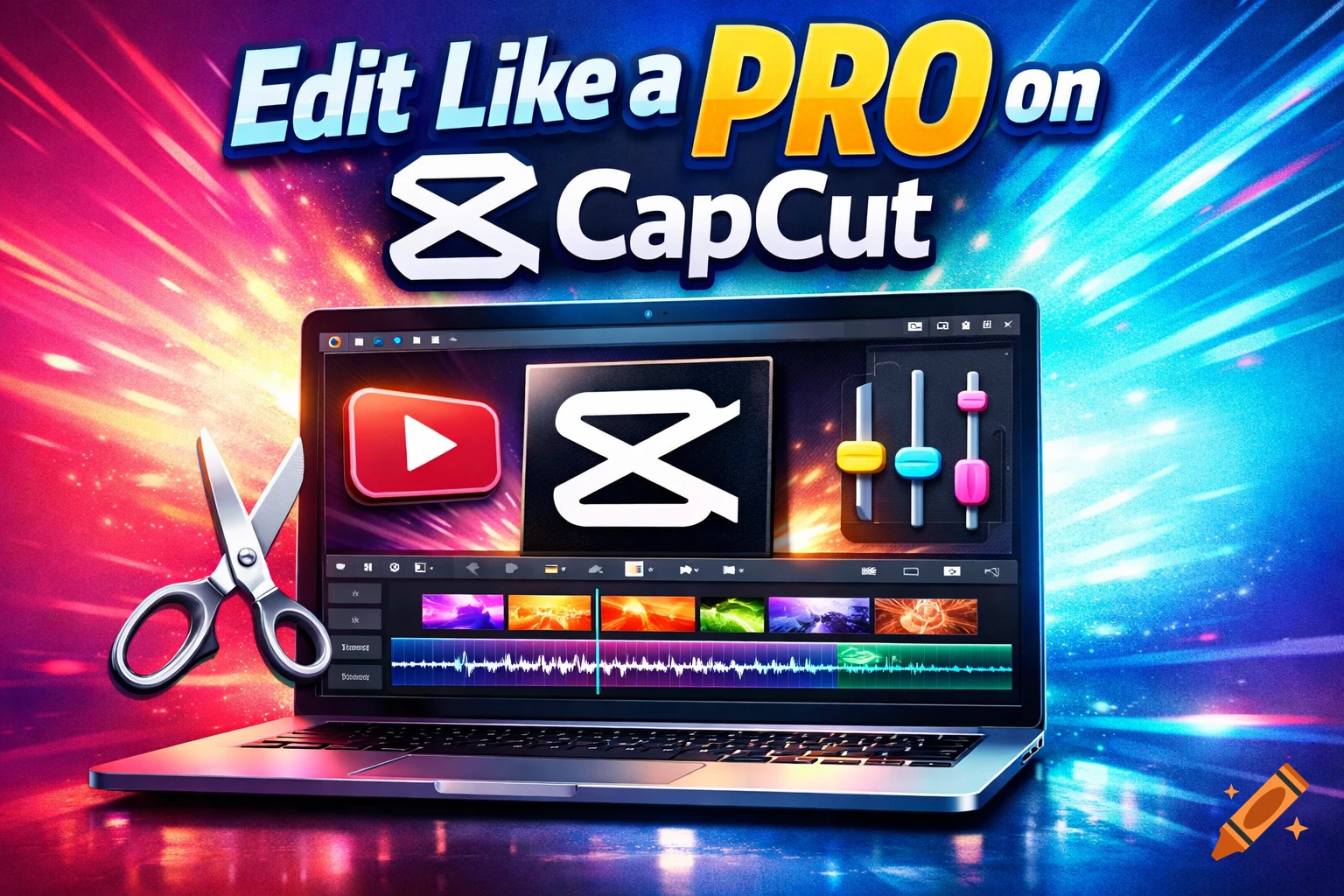 A vibrant YouTube thumbnail with a laptop showing CapCut video editor, scissors, and text 'Edit Like a PRO on CapCut'.
