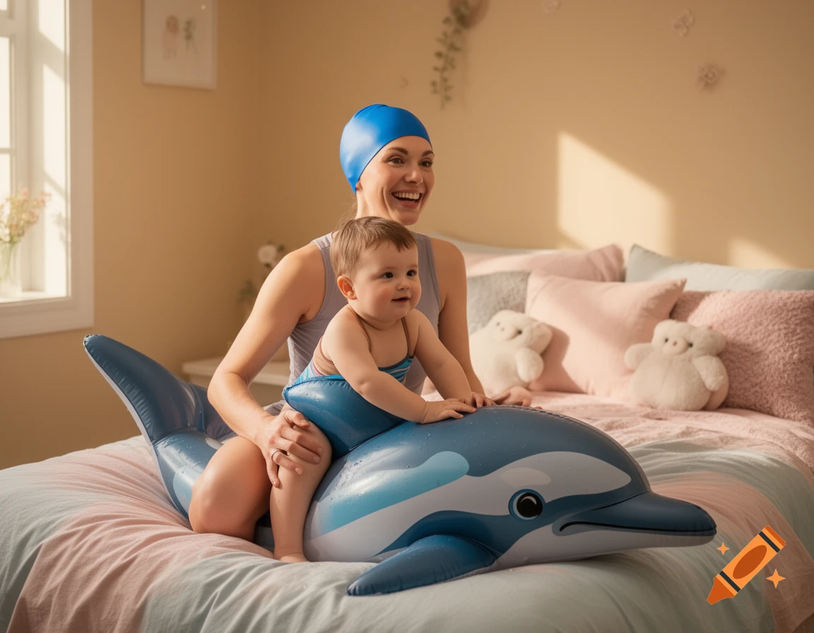 A smiling mother wearing a blue swim cap sits with her baby on a blue inflatable dolphin on a bed in a bedroom.