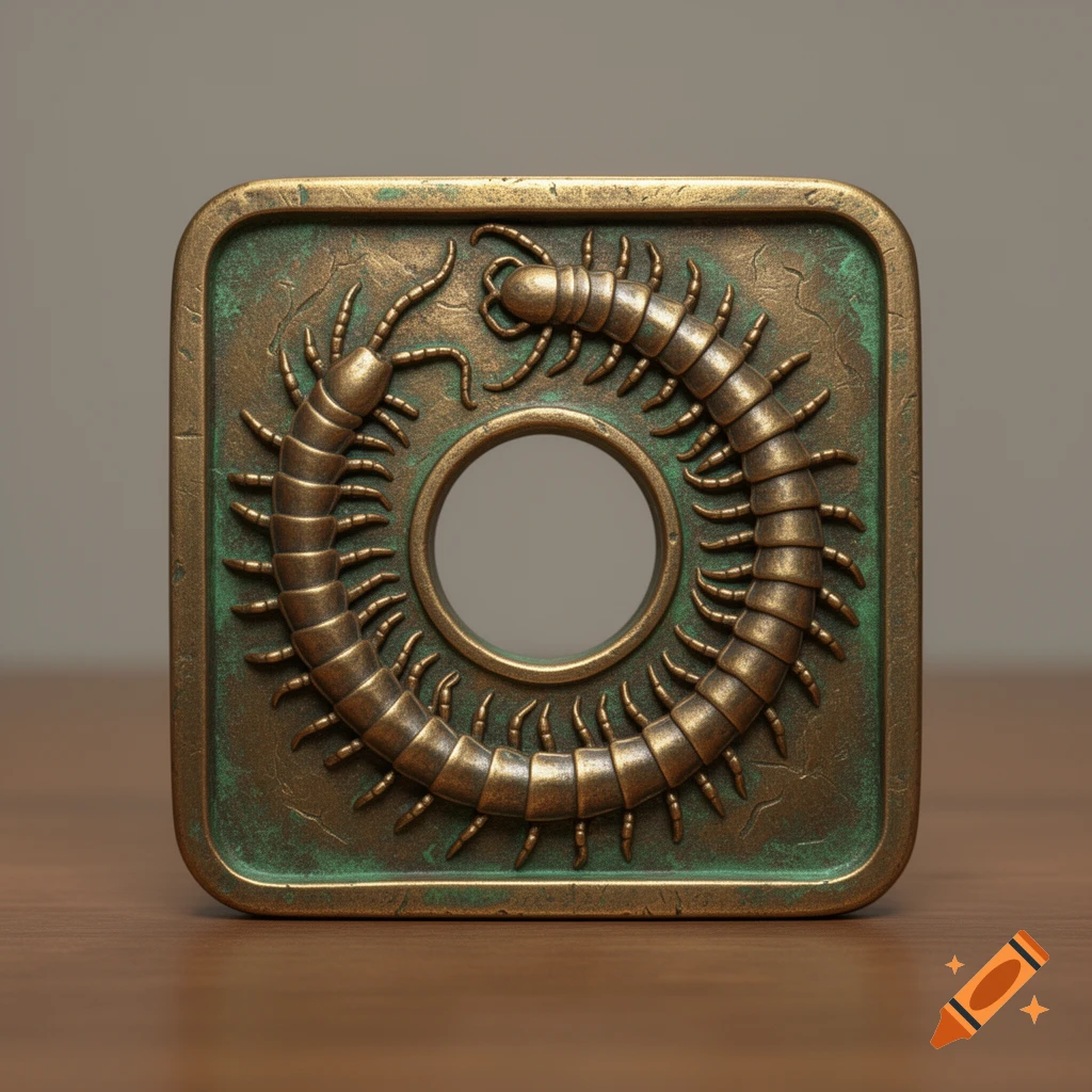 A square bronze medallion with a centipede in relief encircling a central hole, featuring green patina.