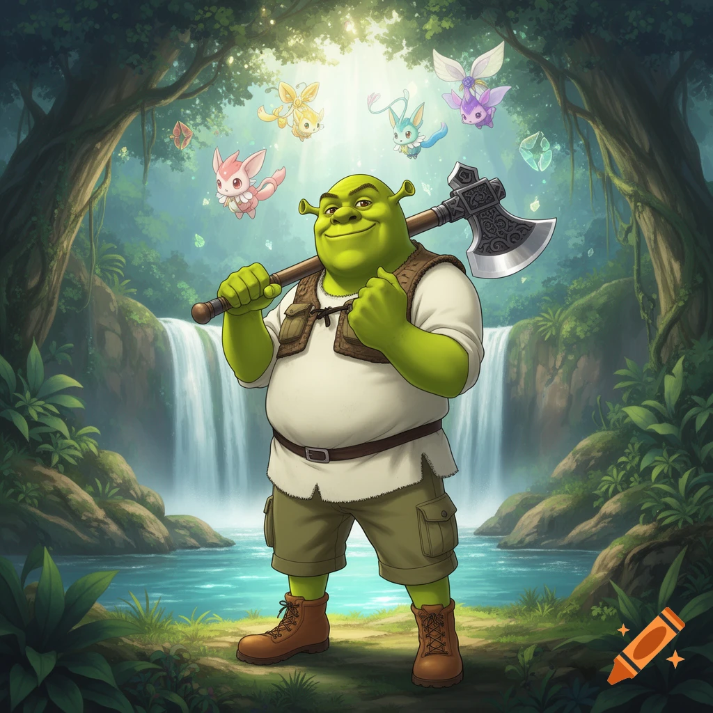 Shrek stands in a lush fantasy forest with waterfalls, holding an axe, surrounded by small, colorful fairy-like creatures.