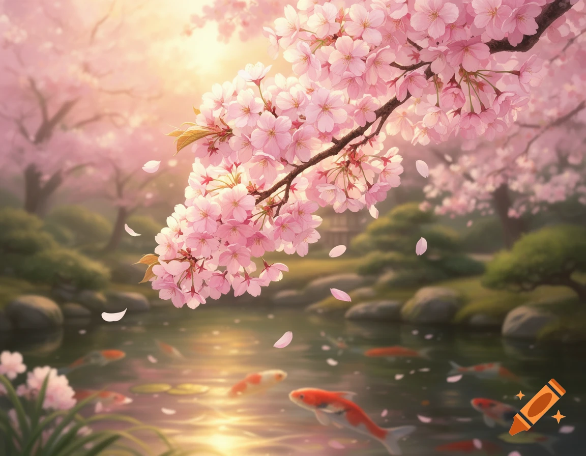 Vibrant pink cherry blossoms hang over a pond with orange koi fish, bathed in warm sunlight.