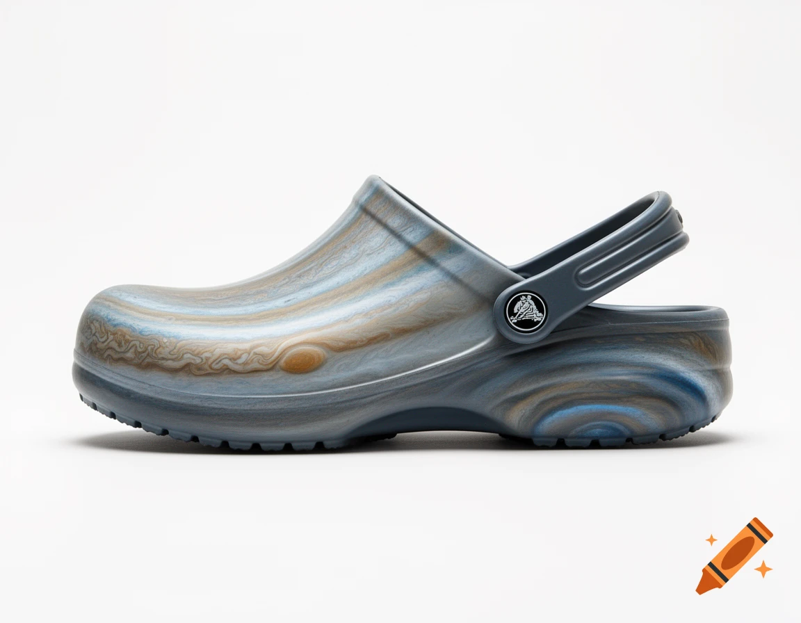 A single Crocs-style slip-on shoe with a swirling blue, brown, and white Jupiter-inspired pattern on a white background.