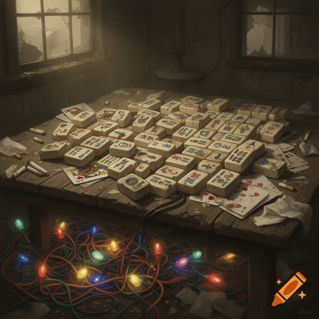 A dark, atmospheric image of a messy wooden table covered in scattered Mahjong tiles, playing cards, and cigarette butts. A tangled string of colorful Christmas lights hangs beneath the table. Broken windows are visible in the background.