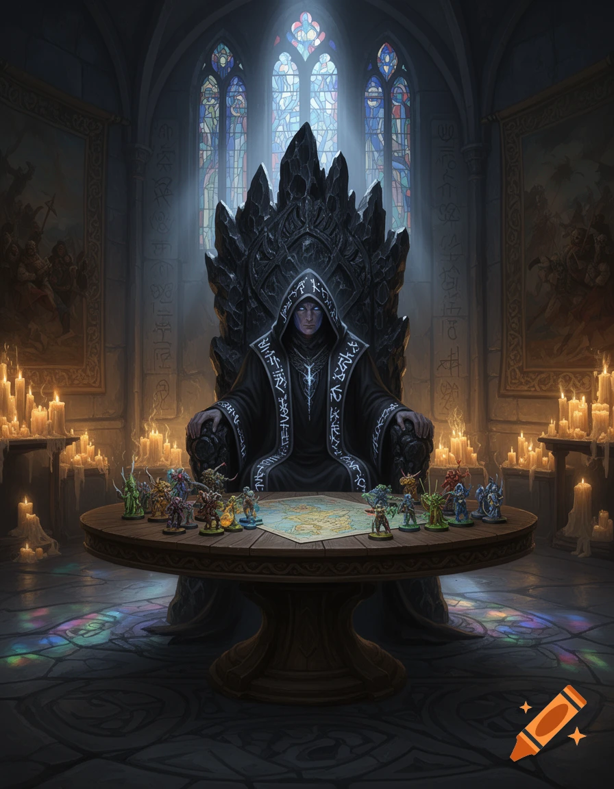 A dark cloaked dungeon master figure sits on an imposing black throne in a gothic hall, surrounded by candles and playing a tabletop game with miniatures and a map.