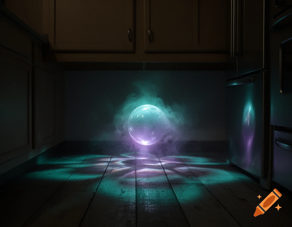 A mysterious glowing purple and teal orb surrounded by smoke sits on a wooden floor under dark kitchen cabinets, casting patterned light.