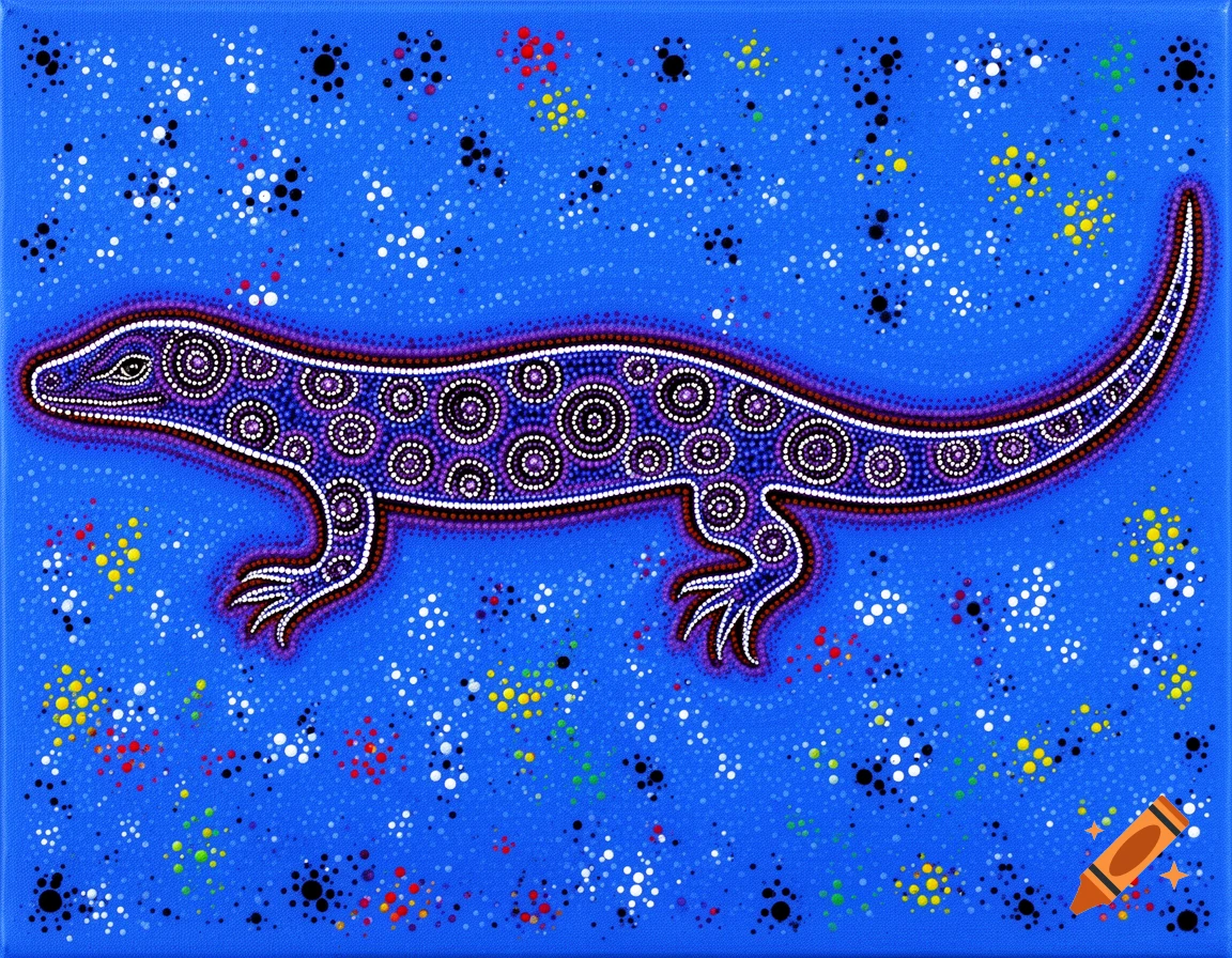 A purple goanna lizard in traditional Australian Aboriginal dot art style, on a vibrant blue background with scattered dots.