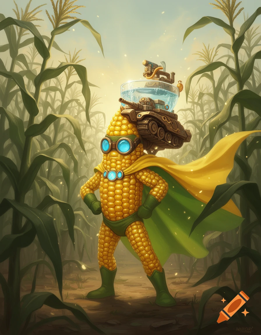 A corn superhero with glowing blue goggles, a yellow and green cape, and a miniature tank carrying a water bowl on its back, stands heroically in a cornfield.