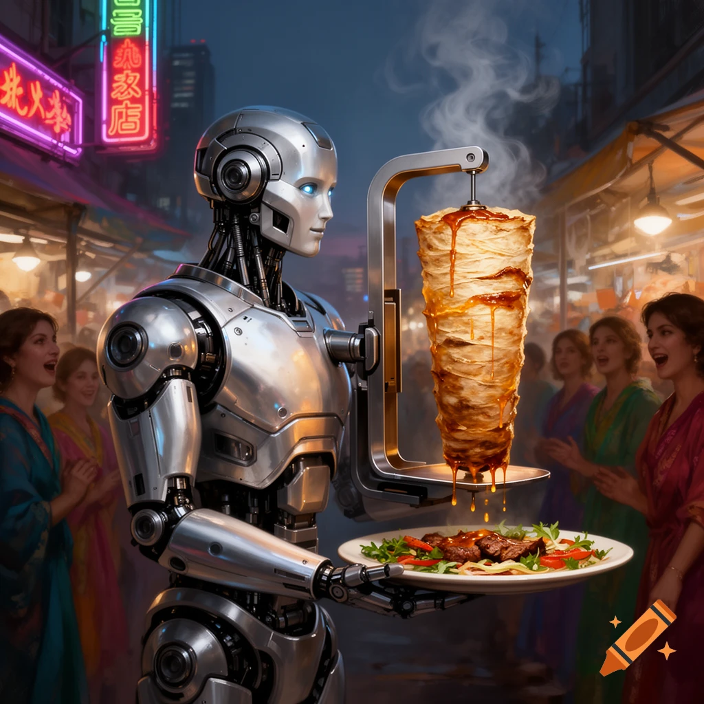 A silver robot holds a shwarma skewer and a plate of food in a bustling night market with neon signs and people in the background.