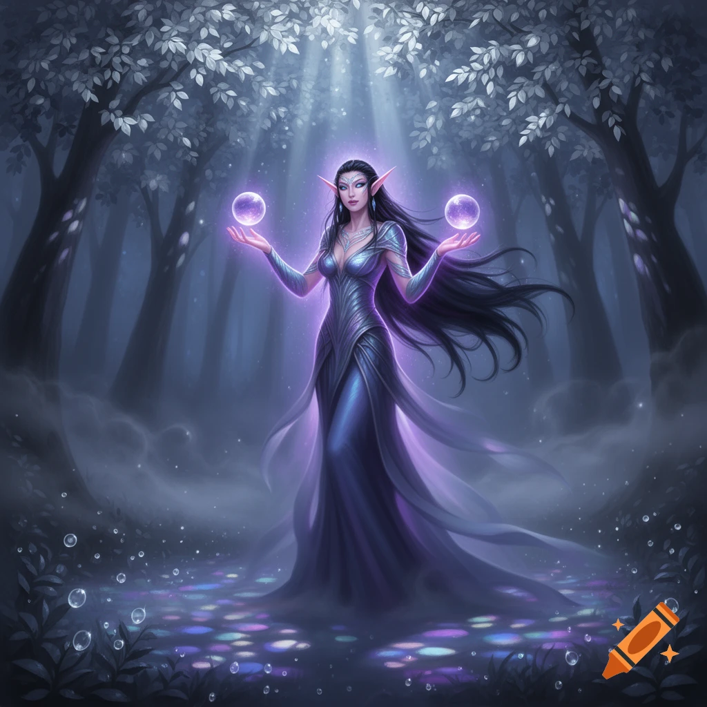 A female elf in a flowing purple gown holds two glowing orbs in a mystical, moonlit forest with bubbles.