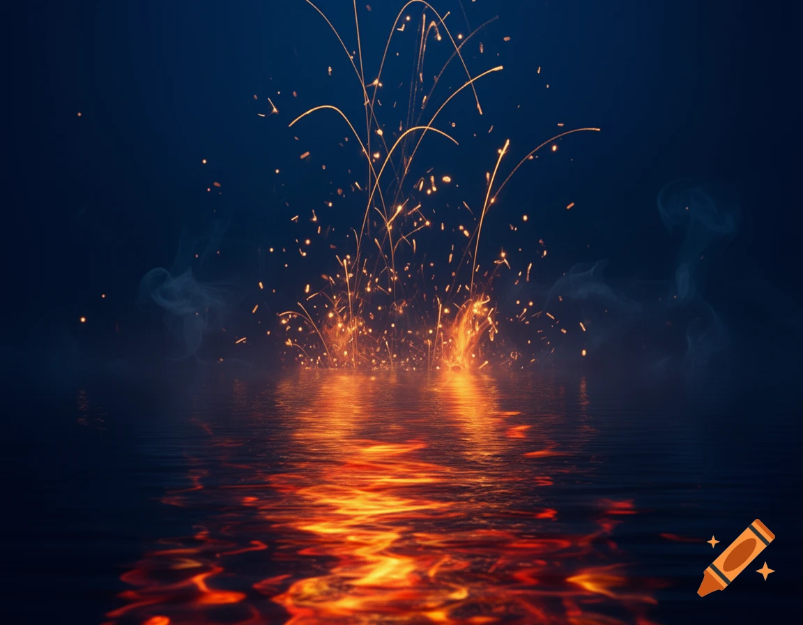 Bright orange sparks fly above a body of dark water, reflecting a strong orange fire glow against a deep blue background.