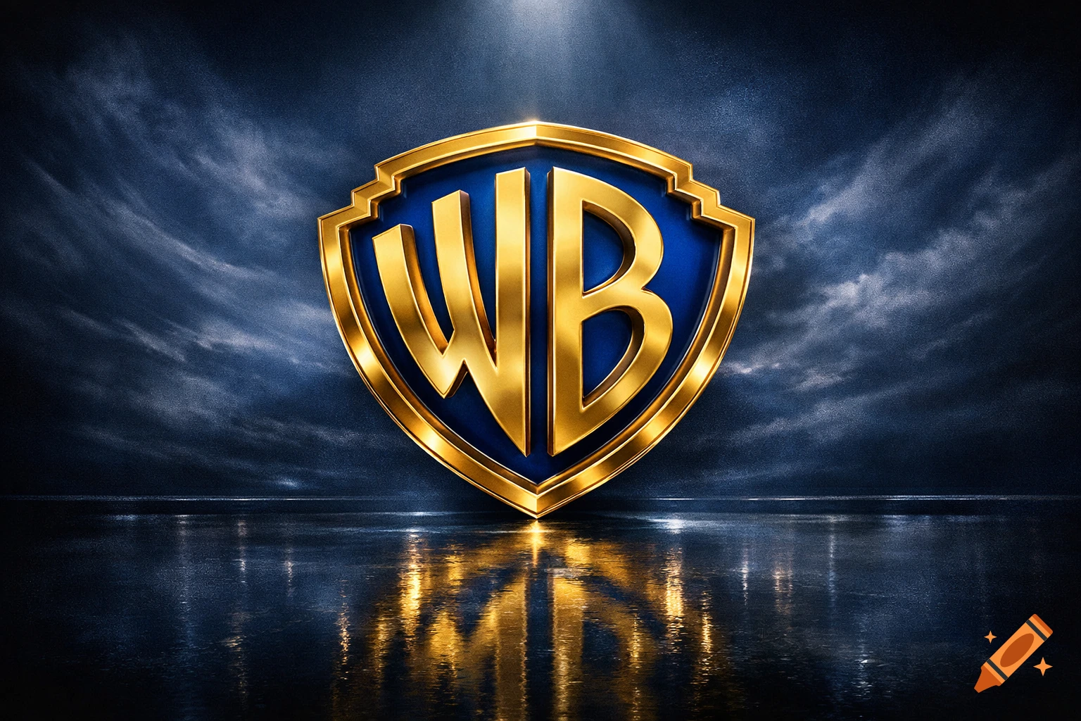 A glossy gold and blue Warner Bros. shield logo, reflecting on a wet, dark surface with a stormy, spotlighted background.