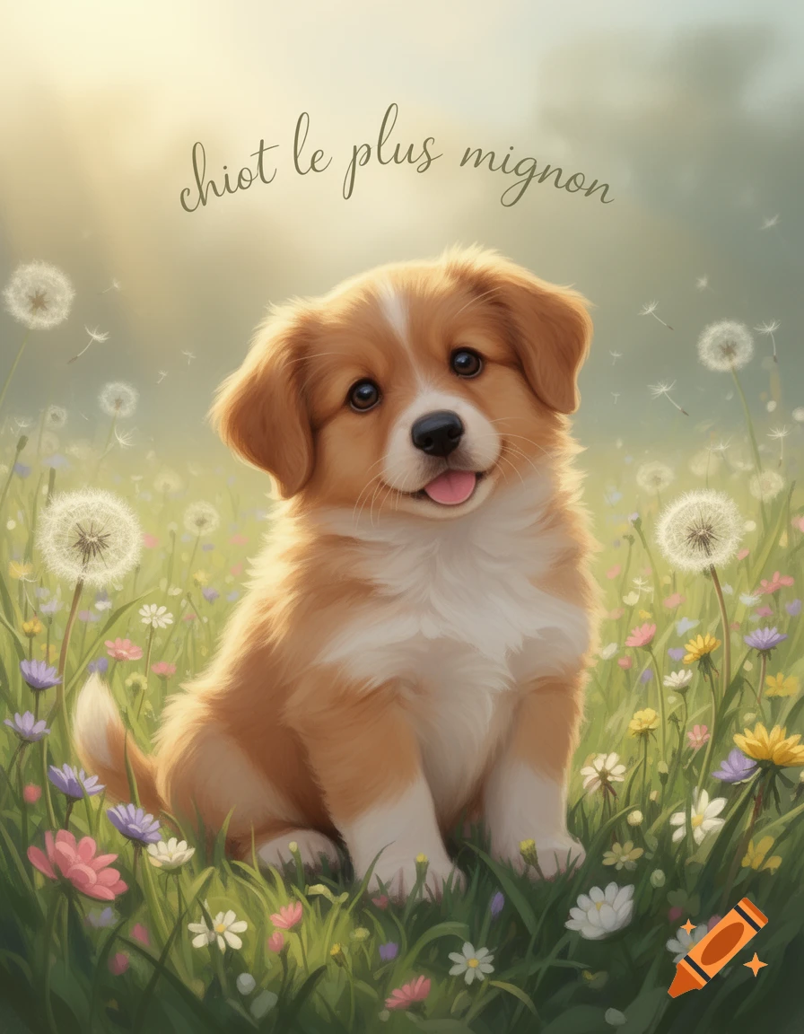 A fluffy brown and white puppy sits happily in a sunny field of colorful wildflowers, with 'chiot le plus mignon' text.