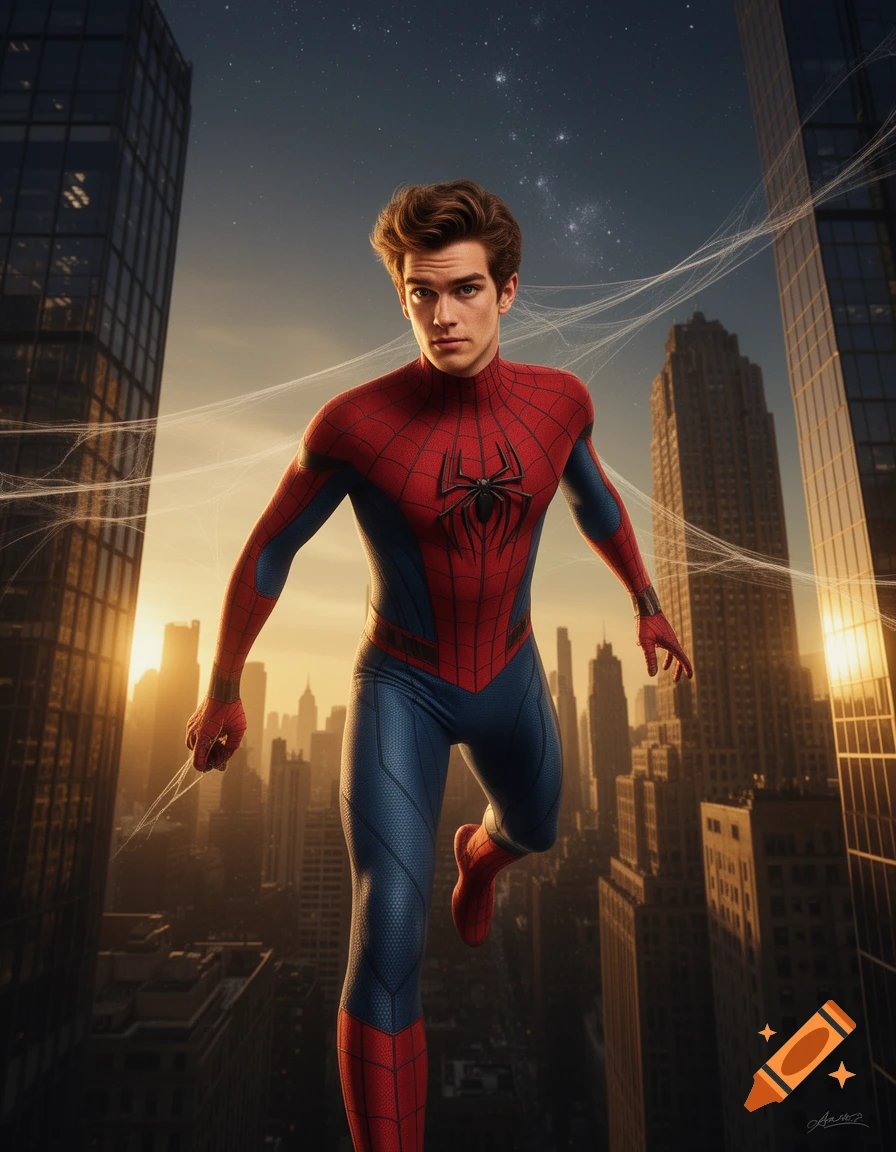 Andrew Garfield as Spider-Man leaps through a city skyline at sunset, photorealistic style.