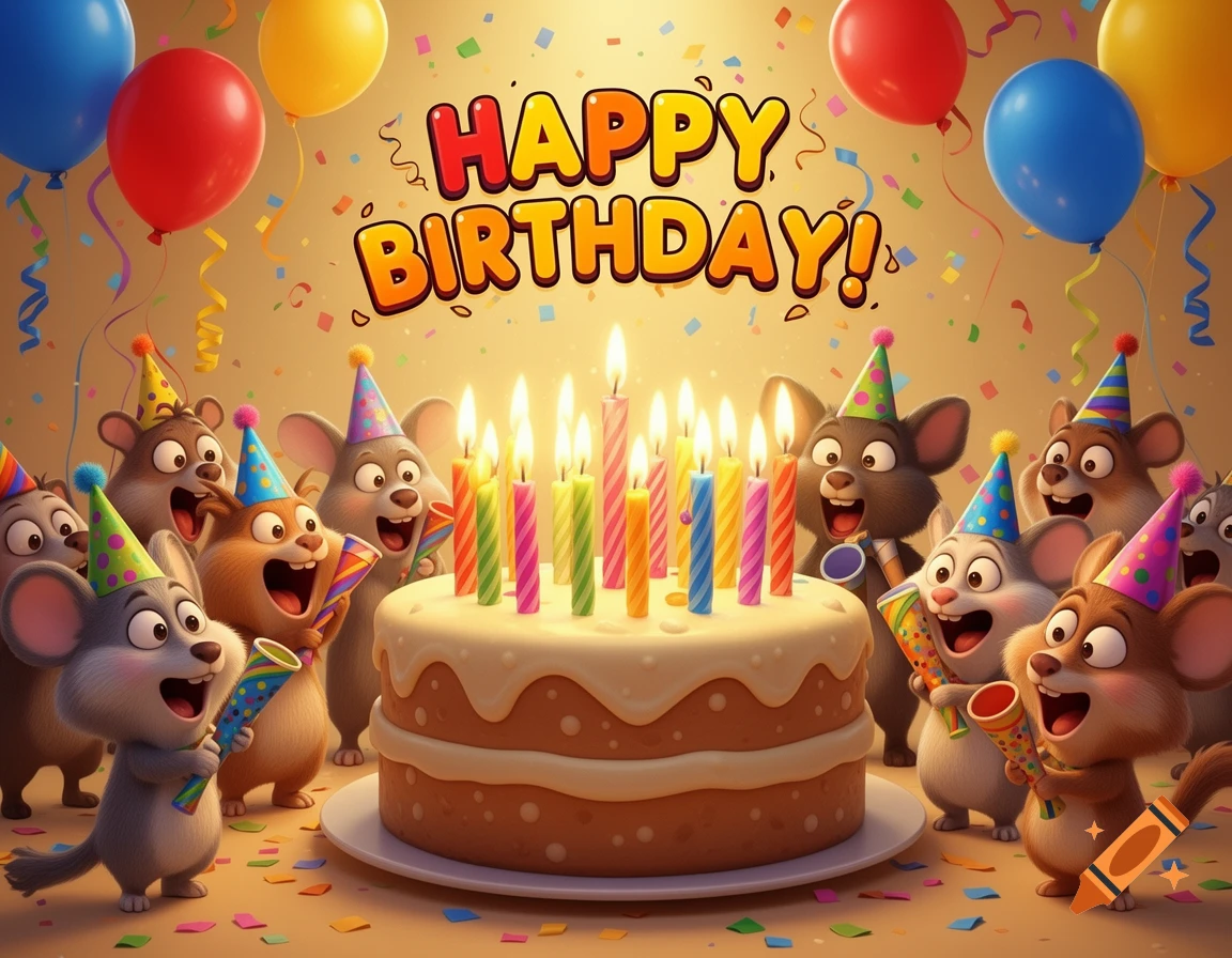 Cartoon mice celebrate a birthday around a cake with lit candles, balloons, confetti, and "HAPPY BIRTHDAY!" text.
