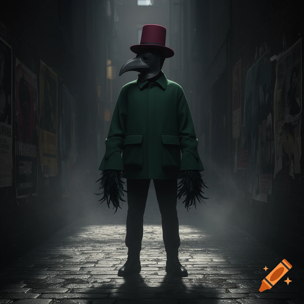 A figure in a plague doctor mask, red top hat, green jacket, and feathered hands stands in a dark, misty alley.