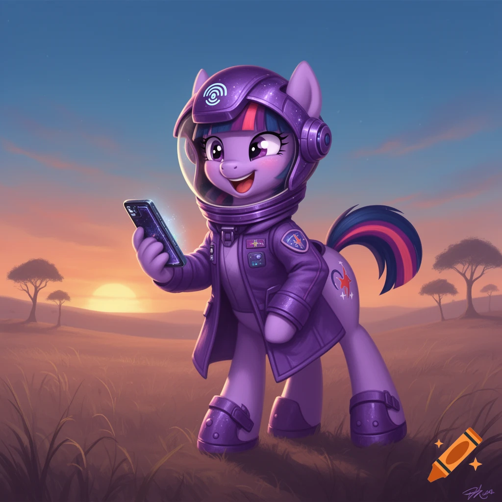 Twilight Sparkle, a purple cartoon pony dressed as an astronaut, holds a glowing phone in a grassy desert at sunset.