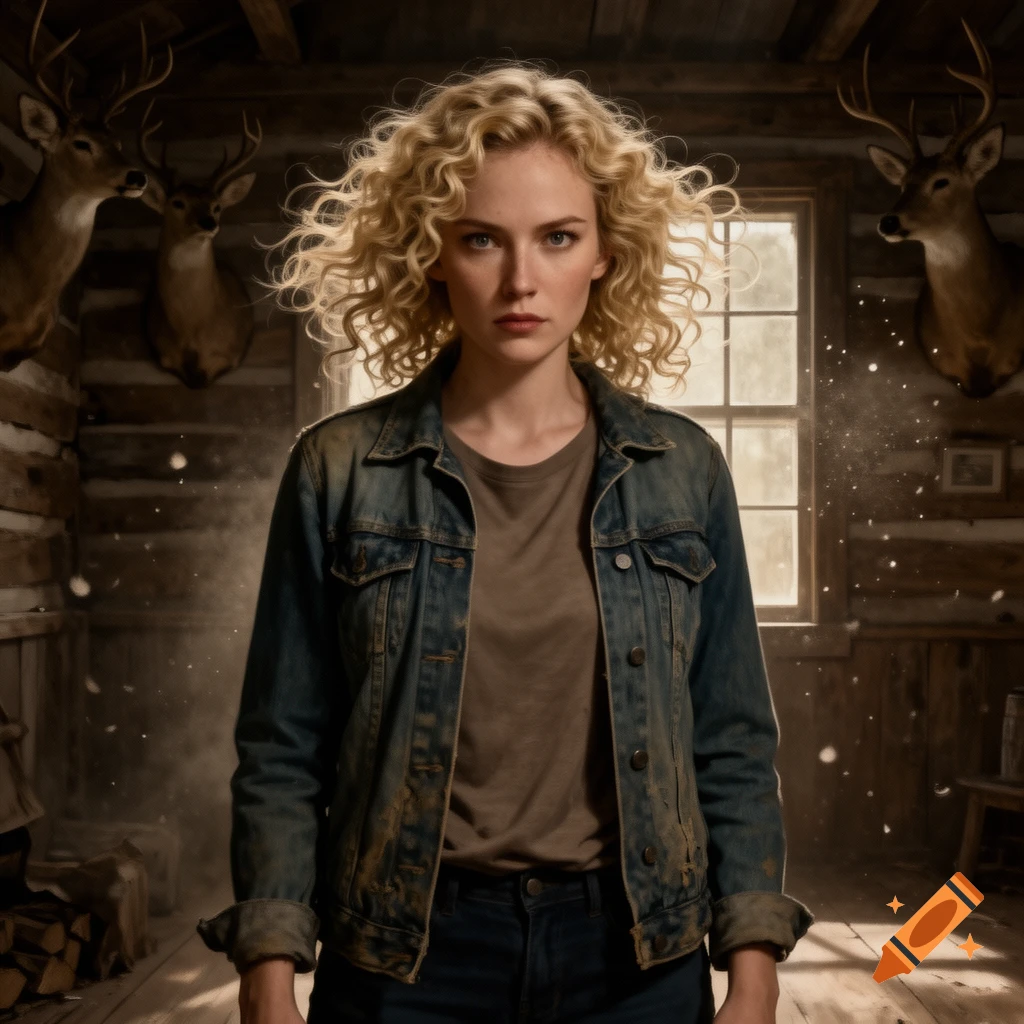 A serious-faced woman with curly blonde hair wearing a denim jacket stands in a rustic wooden cabin with deer mounts on the walls.
