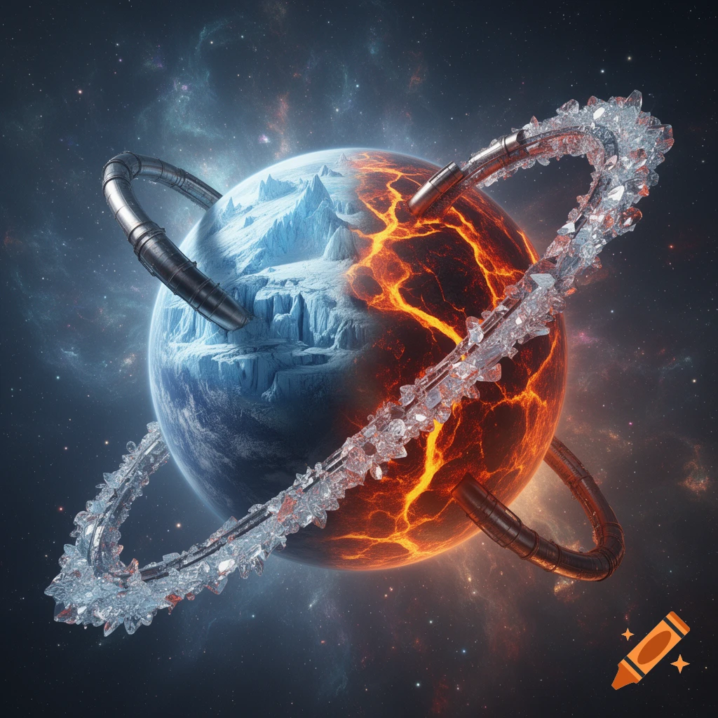 A fantastical planet, half icy mountains, half cracked molten lava, encircled by two crystal and metal ring systems, set against a star-filled nebula.