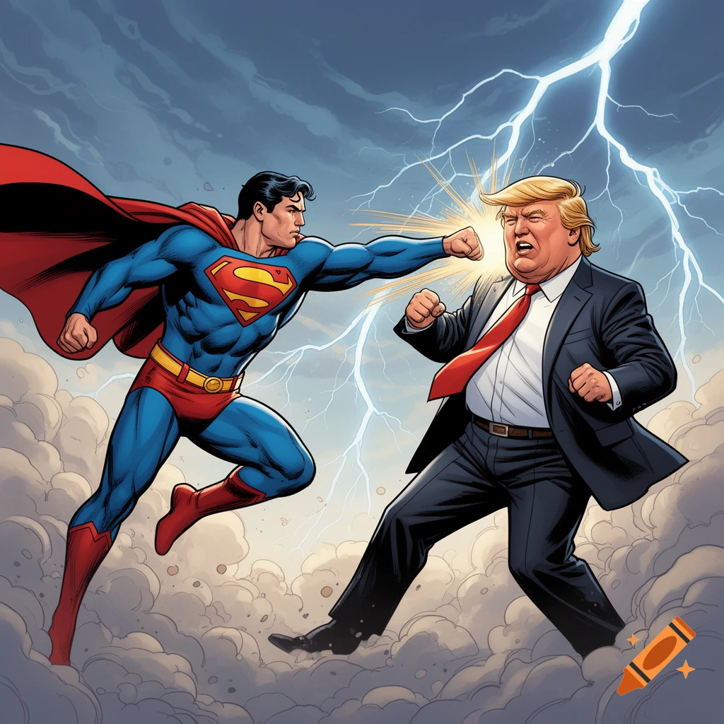 Comic book style art of Superman punching Donald Trump in a stormy sky with lightning.