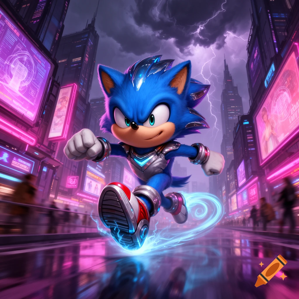 Sonic the Hedgehog runs through a neon-lit cyberpunk city at night as lightning strikes in the stormy sky.