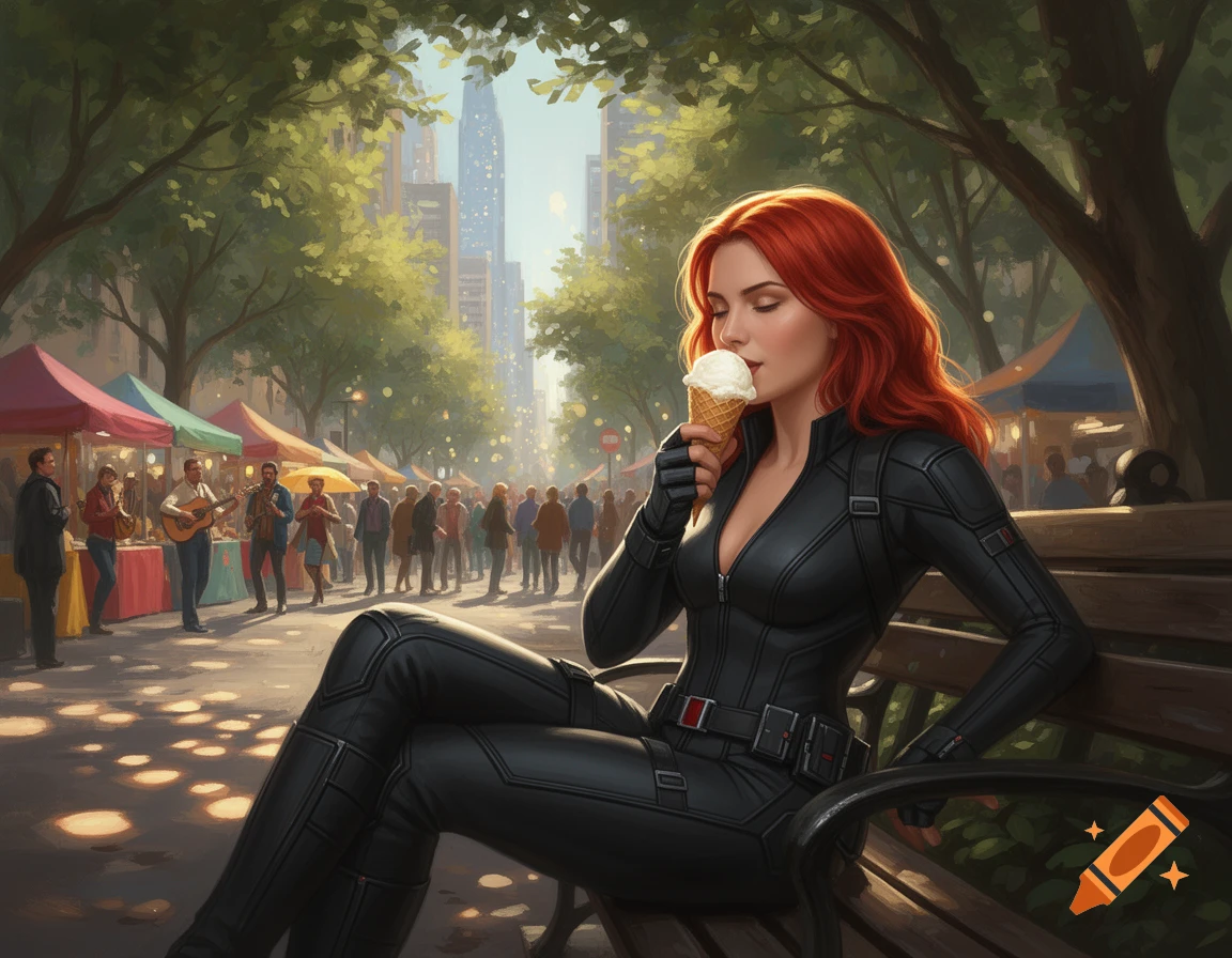 Digital painting of Natasha Romanoff in a black suit eating ice cream on a park bench, a bustling city market street behind her.