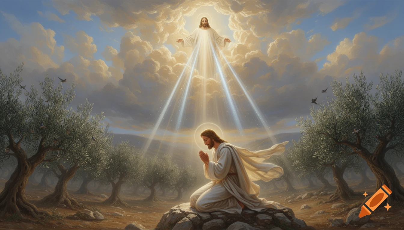 Jesus kneels in an olive grove praying as God appears in radiant clouds overhead, depicted in a dramatic painting style.