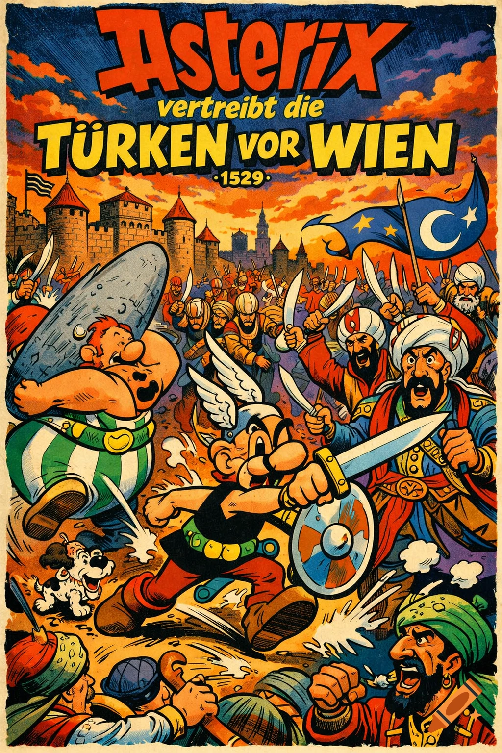 Asterix and Obelix defend Vienna from Ottoman soldiers in a vibrant comic cover art style.