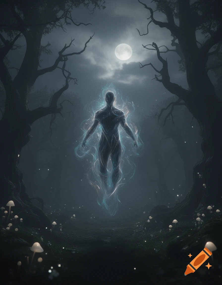 A glowing, ethereal humanoid figure floats in a dark, misty forest under a full moon, surrounded by small luminous mushrooms.