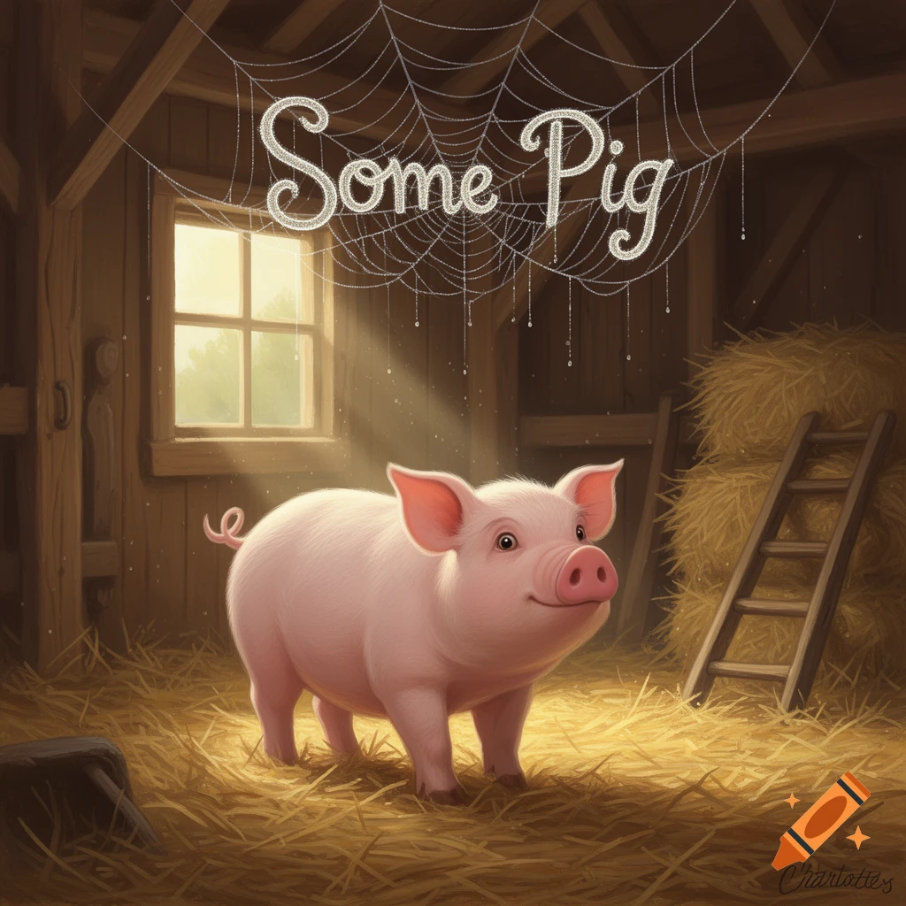 A cute pink pig stands smiling in a rustic barn with hay. A glittering spiderweb above spells 'Some Pig'.