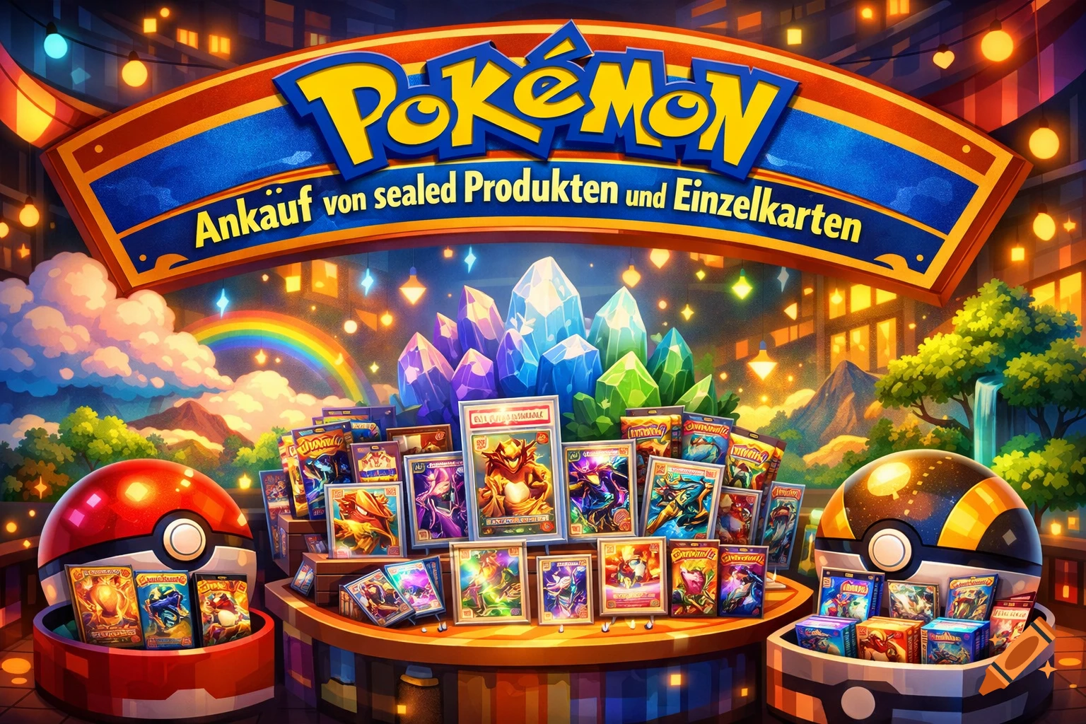 Vibrant illustration of a Pokémon merchandise display with trading cards, Pokeballs, and glowing crystals, under a banner with German text.