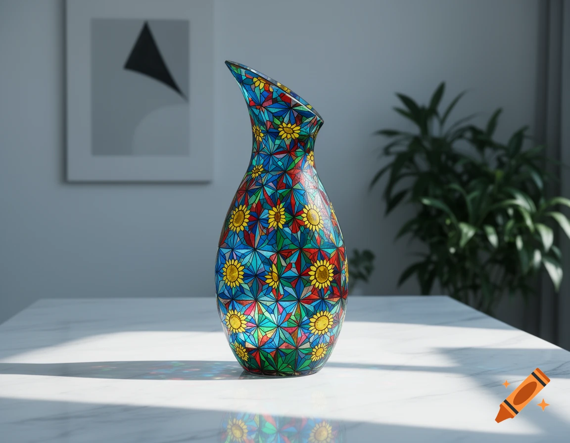 A colorful designer vase with a stained-glass-like pattern of geometric shapes and sunflowers sits on a white marble table.