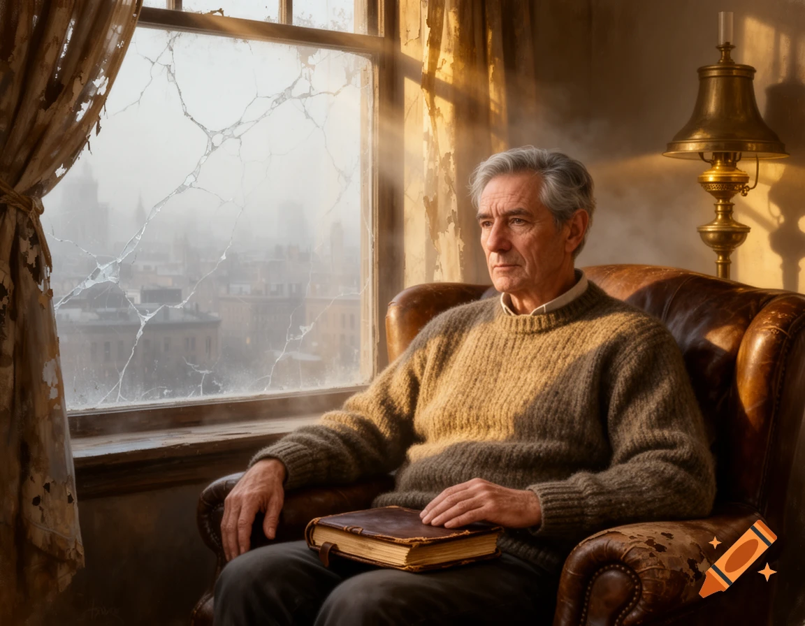 A pensive older man with gray hair sits in a worn leather armchair by a broken window, holding a book. Sunlight streams in.