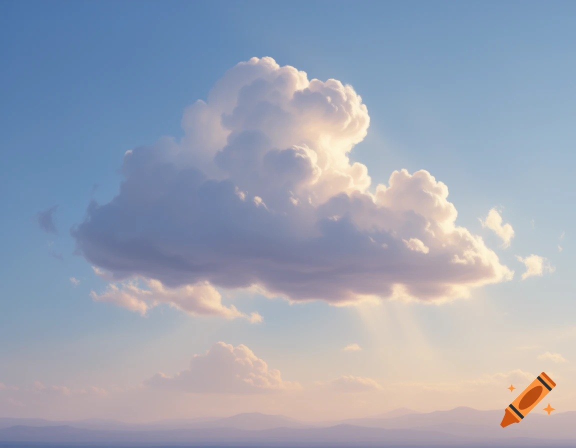 A large, fluffy cumulus cloud illuminated by sunlight in a clear blue and pink sky over distant hills.