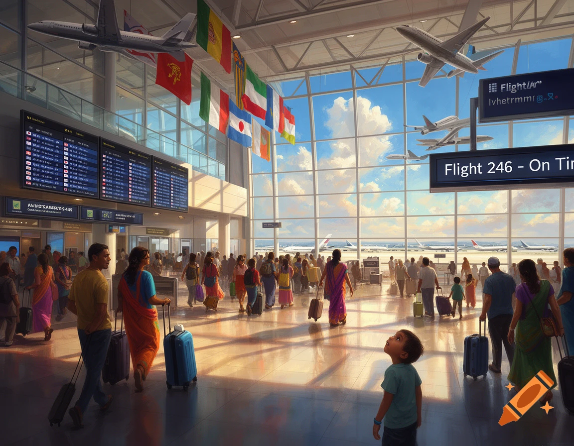 A bustling airport terminal with many passengers walking with luggage. Large windows show planes outside, and flight information boards display text. Flags hang from the ceiling.