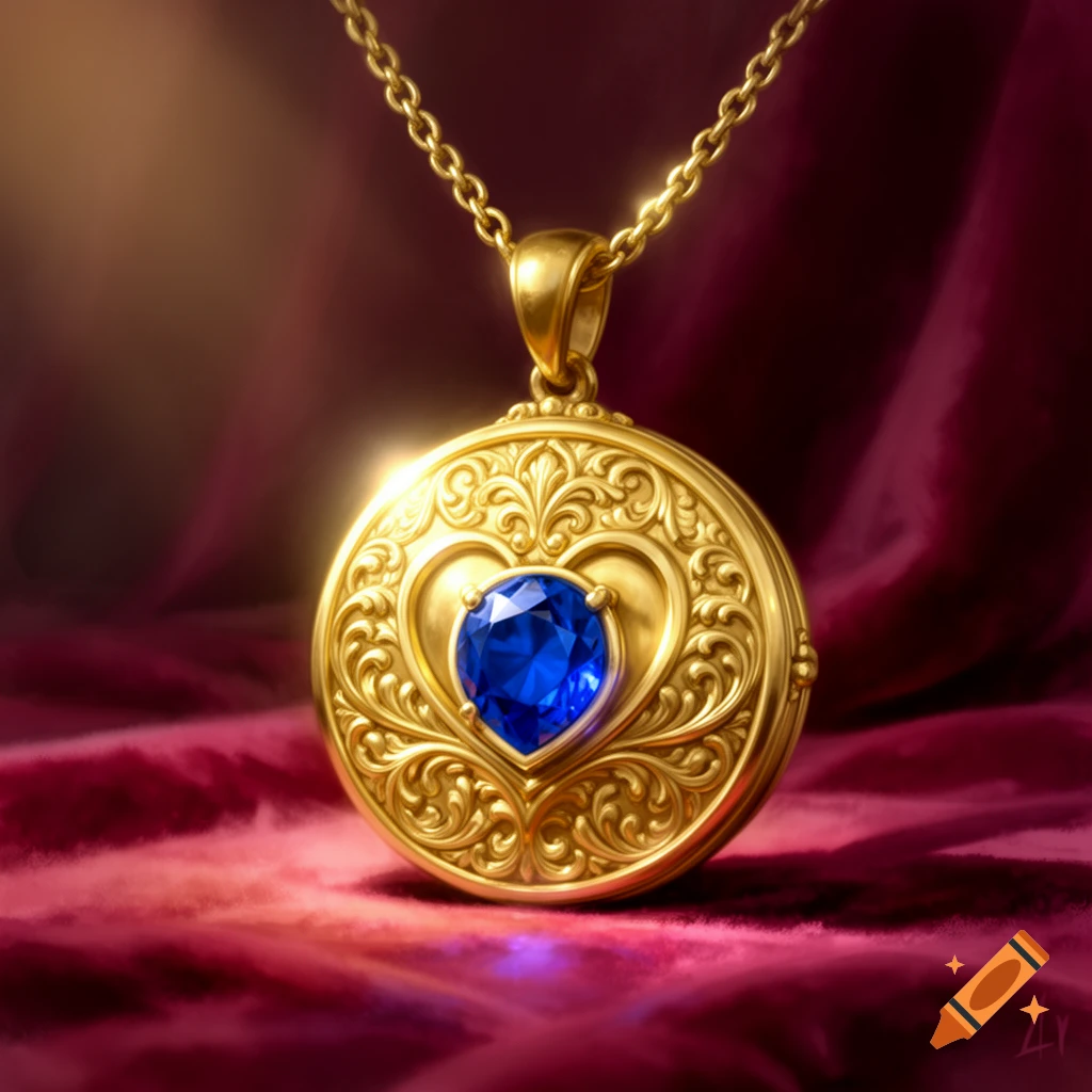 A close-up of an ornate gold medallion with a heart design and a sparkling blue sapphire, resting on deep red velvet.