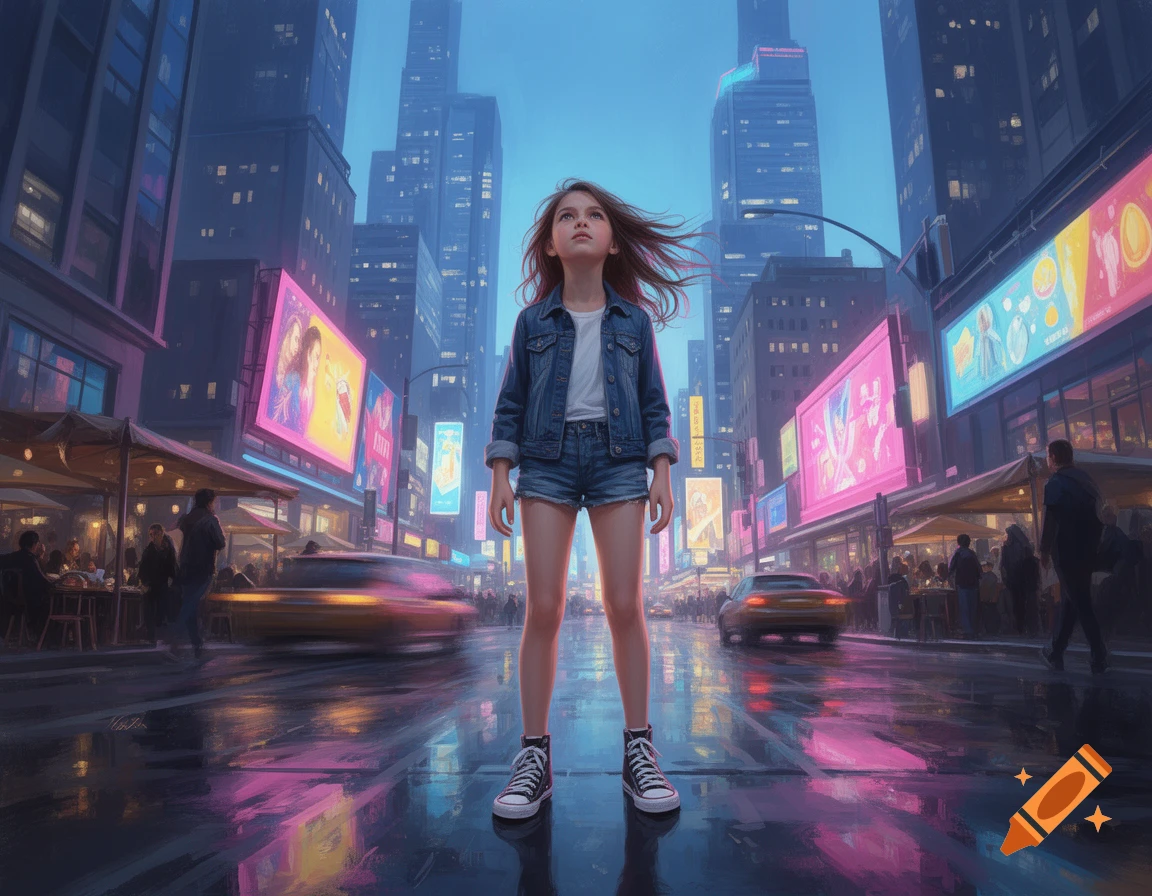 A young girl stands in the middle of a wet city street at night ...