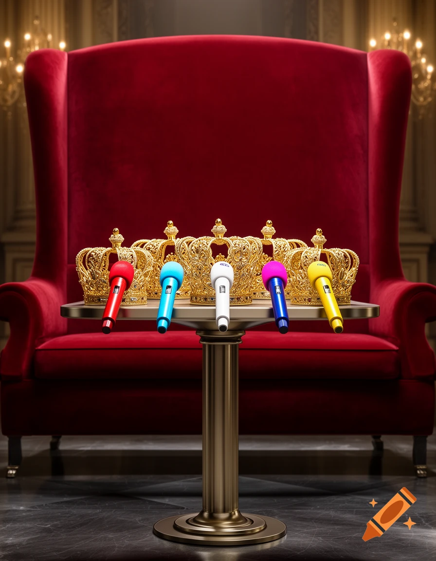 Five colorful microphones and five golden crowns sit on a pedestal table in front of a grand red velvet sofa in a luxurious, dimly lit room.