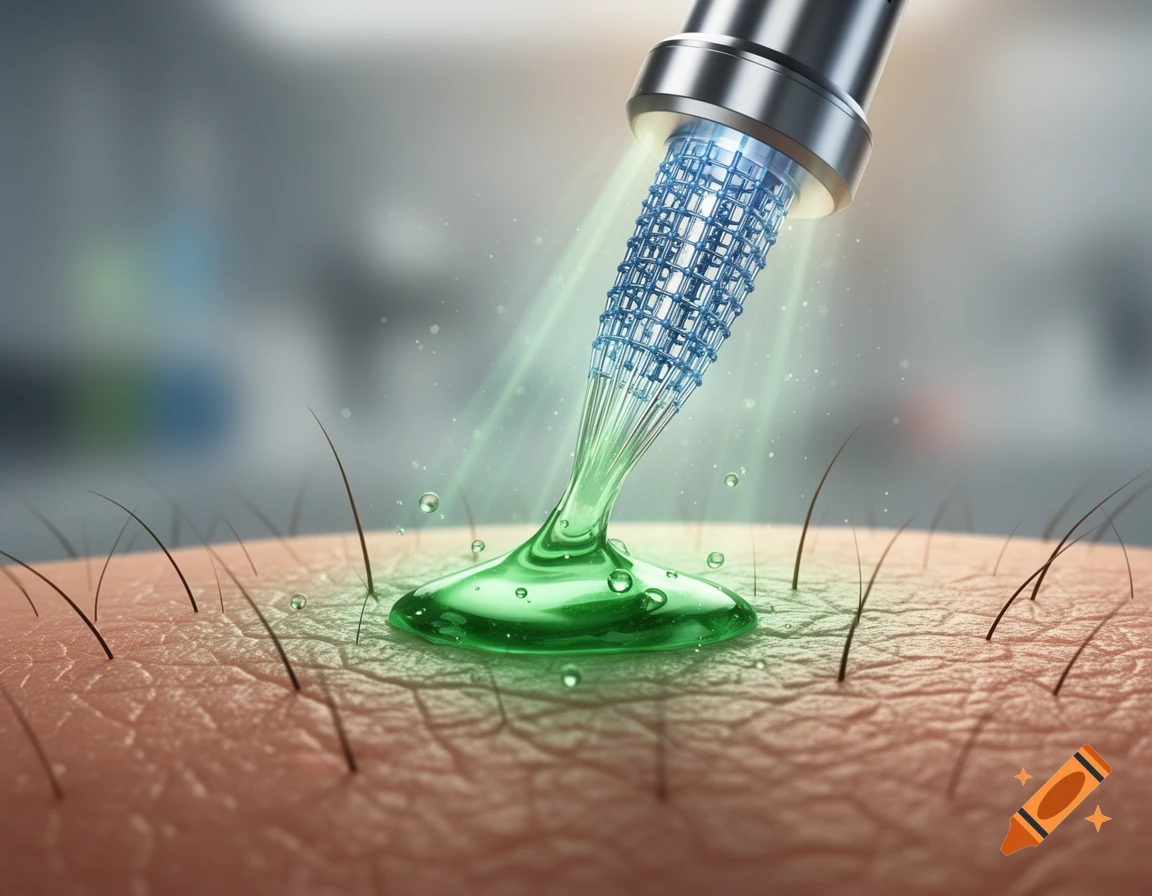 Close-up of a microneedle device applying glowing green gel to human skin, a scientific illustration.