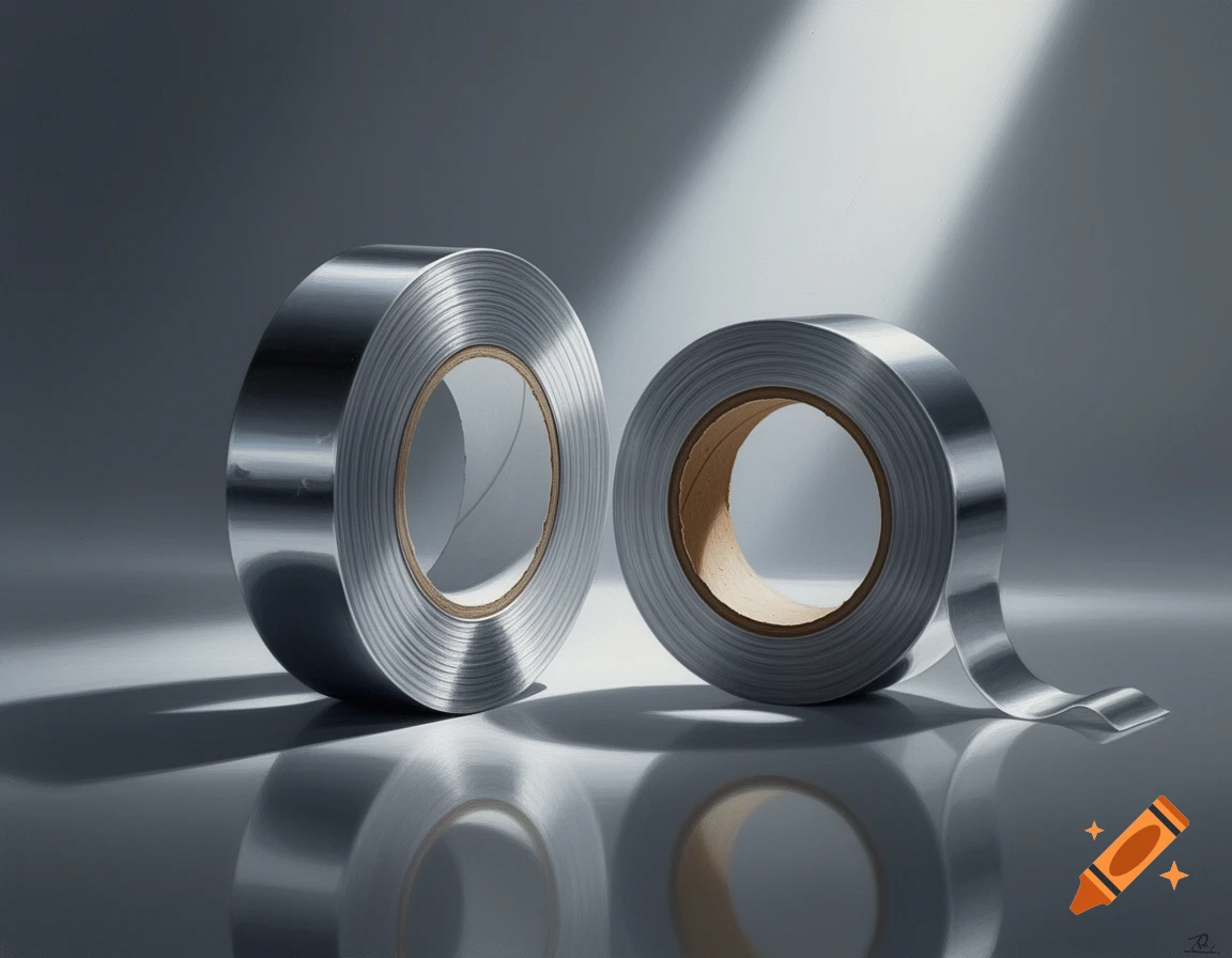 Two rolls of metallic tape, one larger, reflecting light on a dark, glossy surface in a photorealistic style.