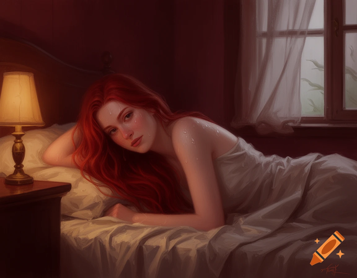 Digital painting of a red-haired woman lying in bed, sweating, with a distressed expression.