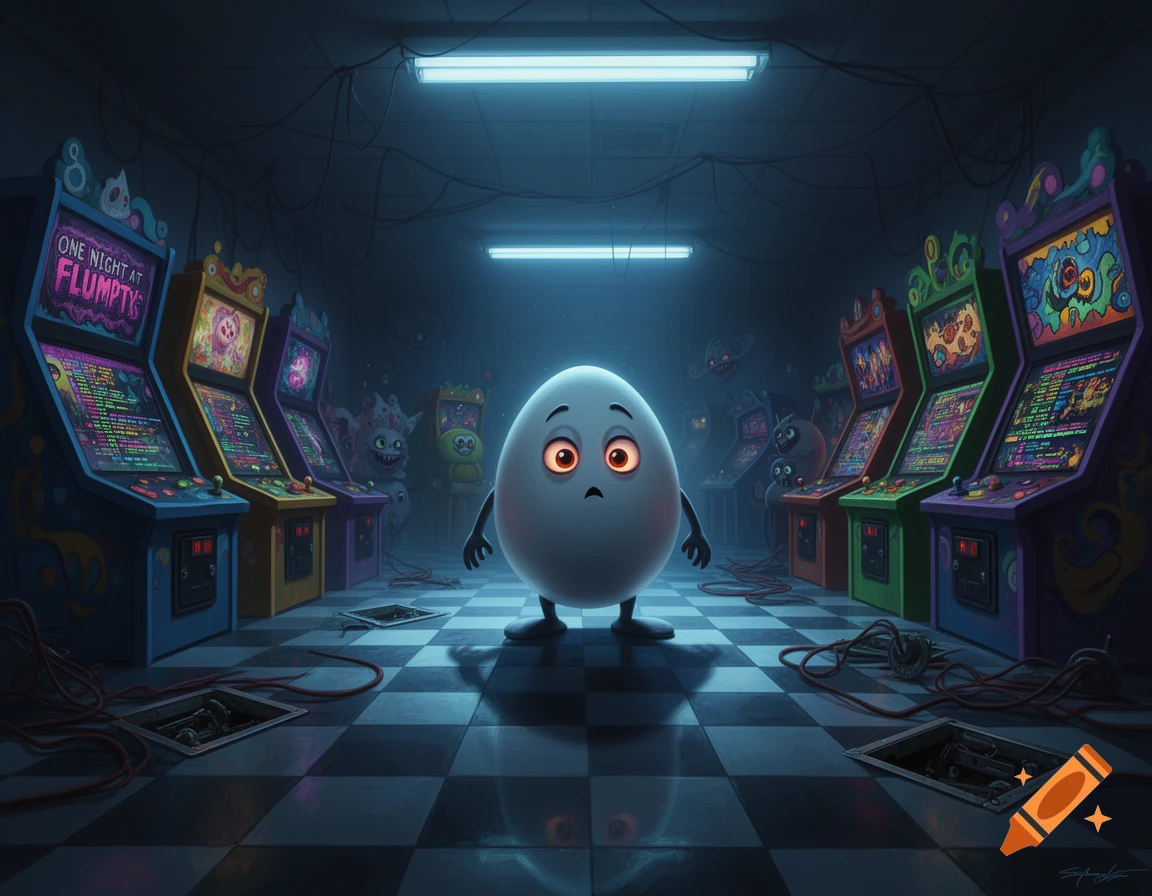 A scared, white egg-shaped creature stands in a dark, creepy arcade filled with glowing, monstrous arcade machines on a checkered floor.