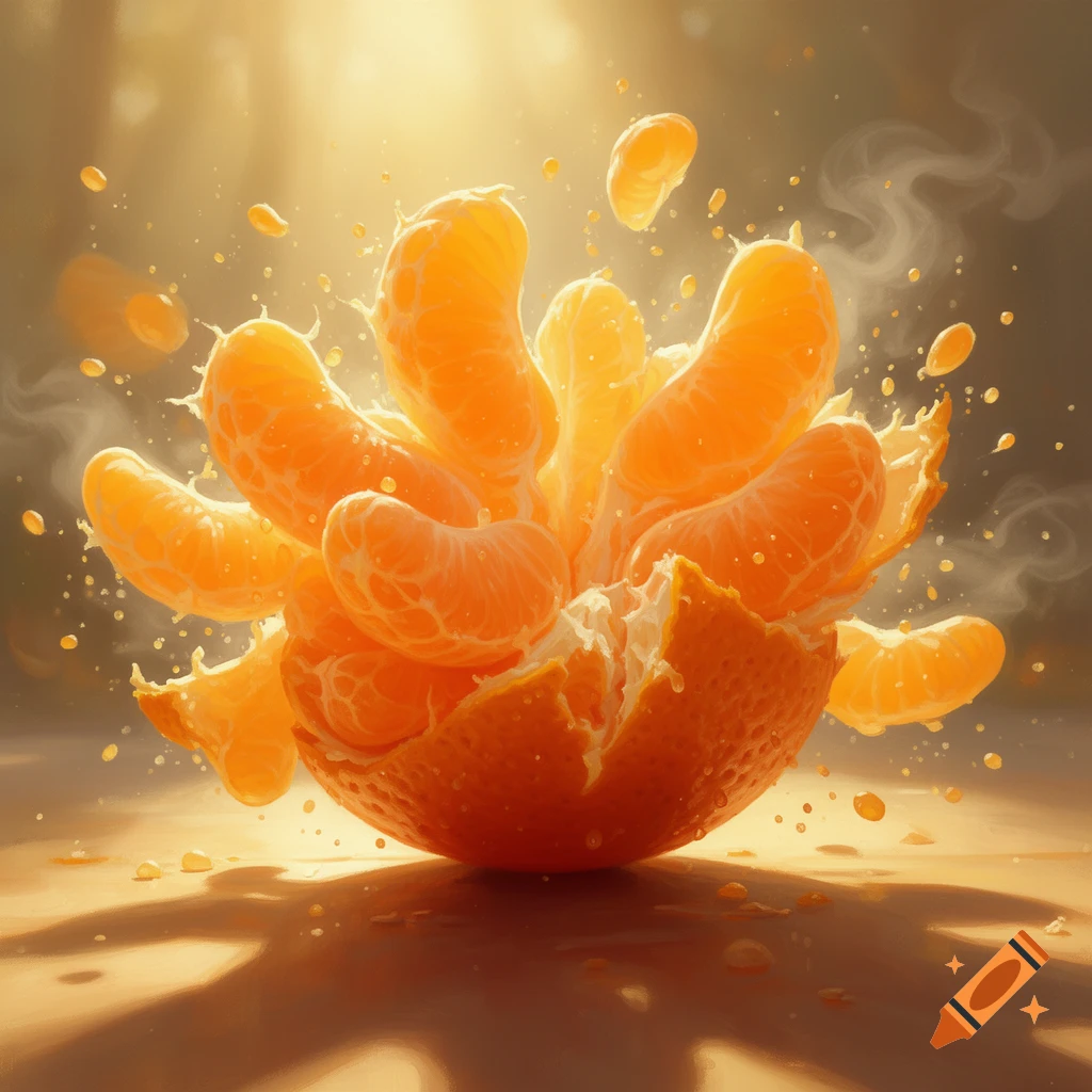 A vibrant, photorealistic image of a tangerine bursting open, with segments and juice splashing dramatically under warm light.