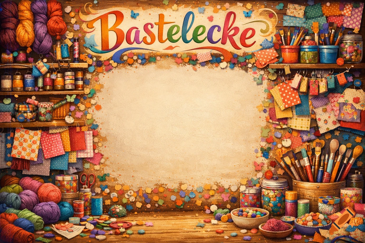 A colorful and vibrant crafting corner with 'Bastelecke' written at the top, surrounded by various art supplies and materials.