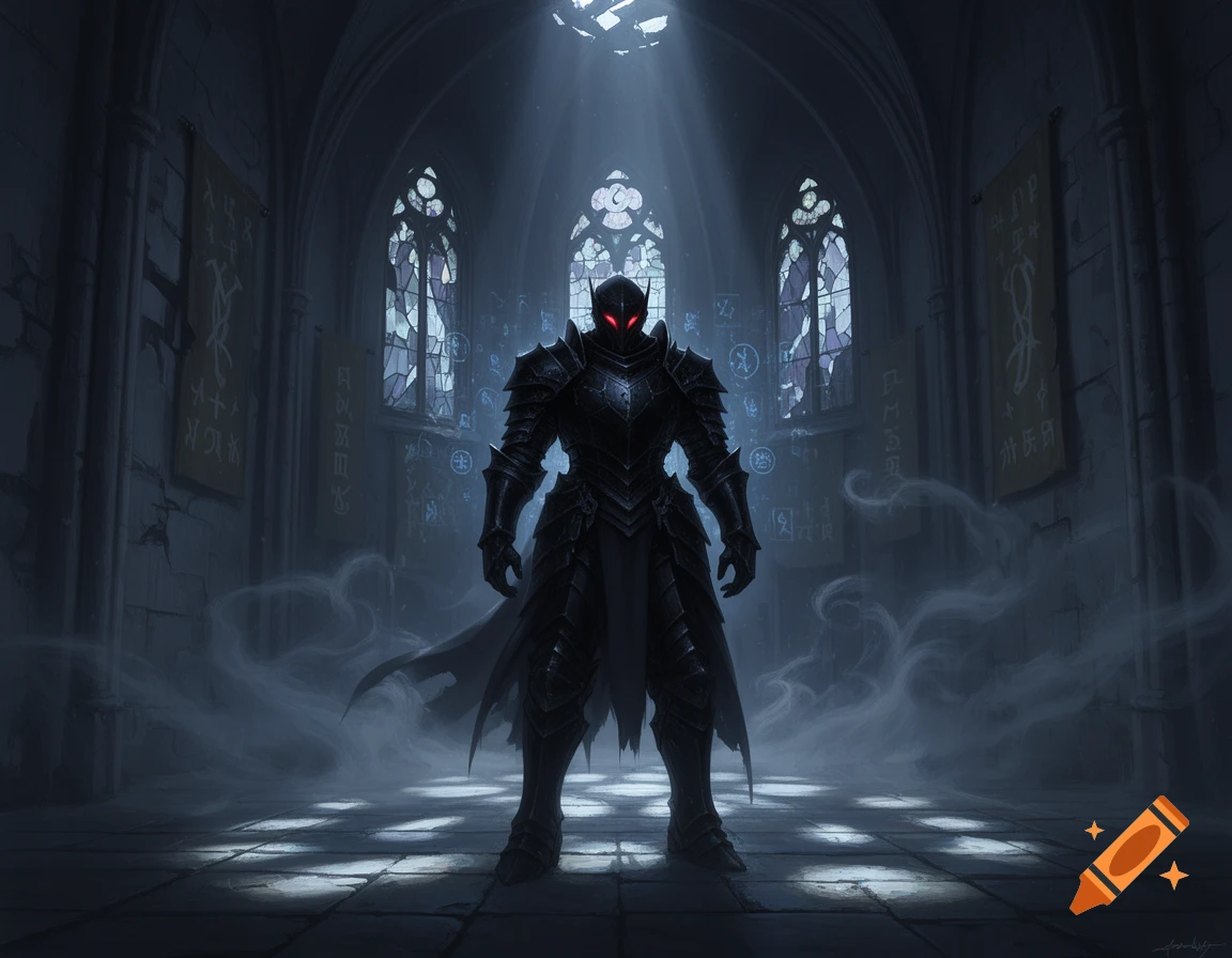A dark knight in black armor with glowing red eyes stands in a misty ...