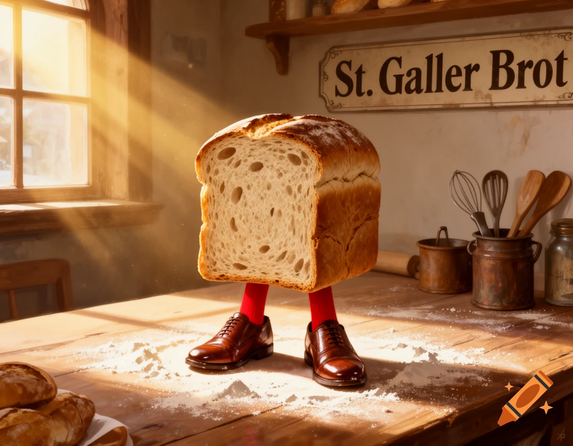 A sliced loaf of bread with human legs and brown shoes stands on a flour-dusted table in a sunlit bakery under a 'St. Galler Brot' sign.